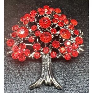 Vintage Red Rhinestone Tree Brooch Silver Tone Figural Statement Pin